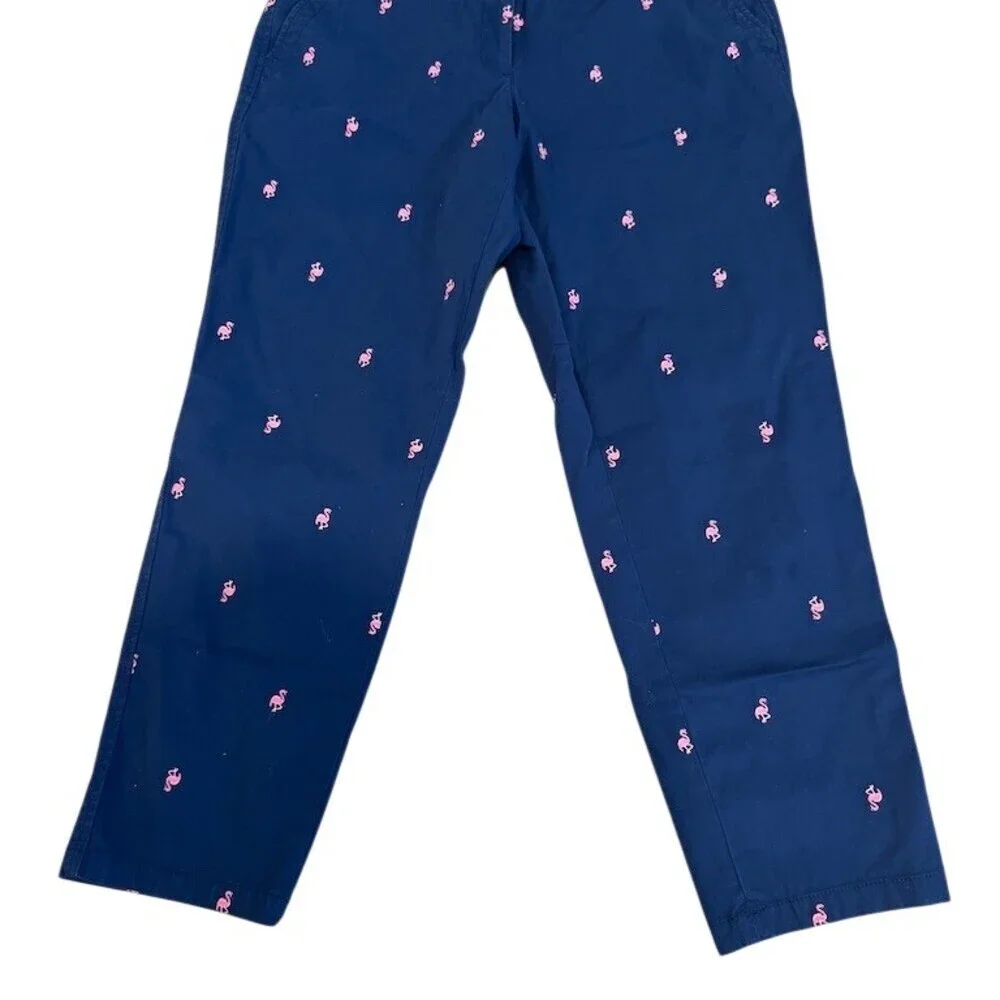 Talbots Relaxed Chino Pants Womens 8P Navy Flamingo Embroidered Crop - Picture 2 of 8